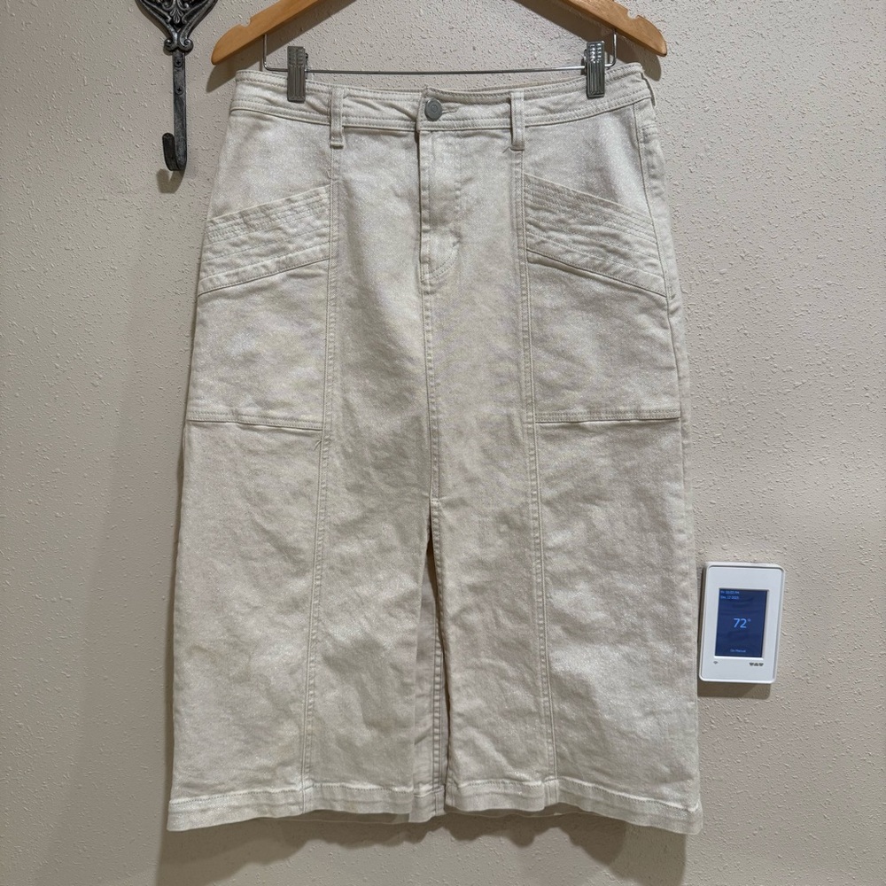 Habitual Ivory Metallic Coated Denim Front Slit Midi Denim Skirt. Size 8/29